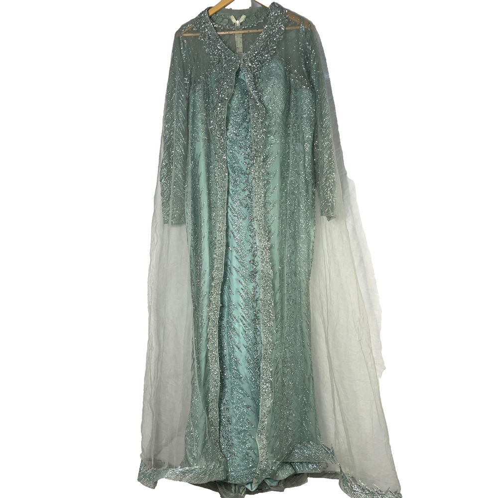 Sweetheart neck Long Sleeves mermaid dress blue Glitter Mesh Gown with cape